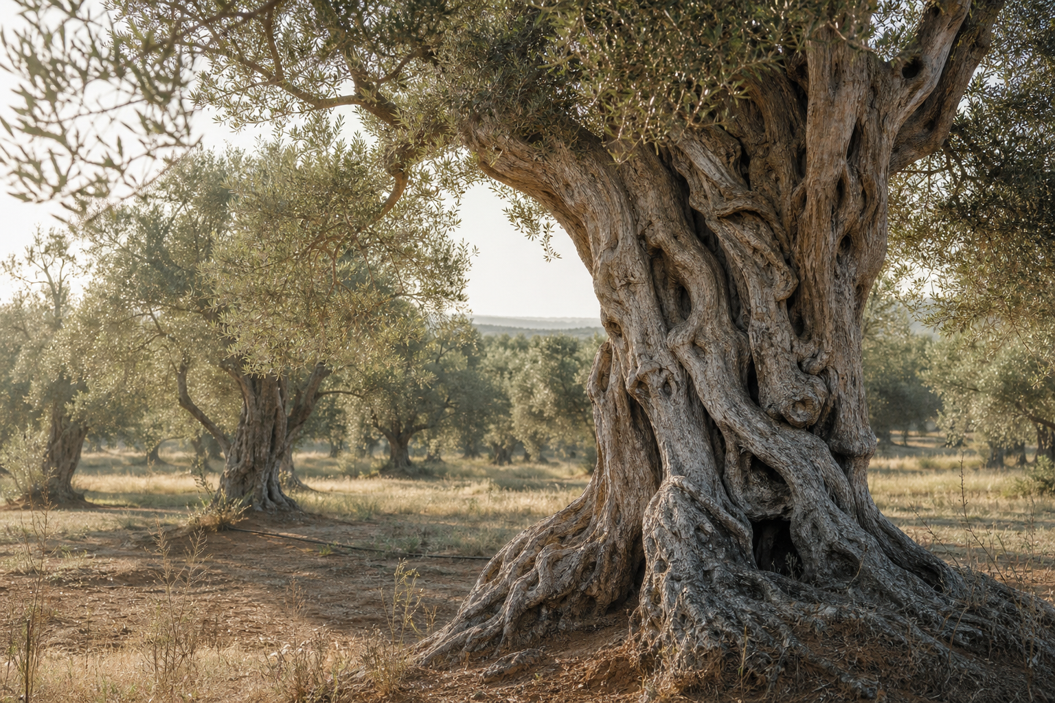 Whitewashed masseria among olive groves at golden hour