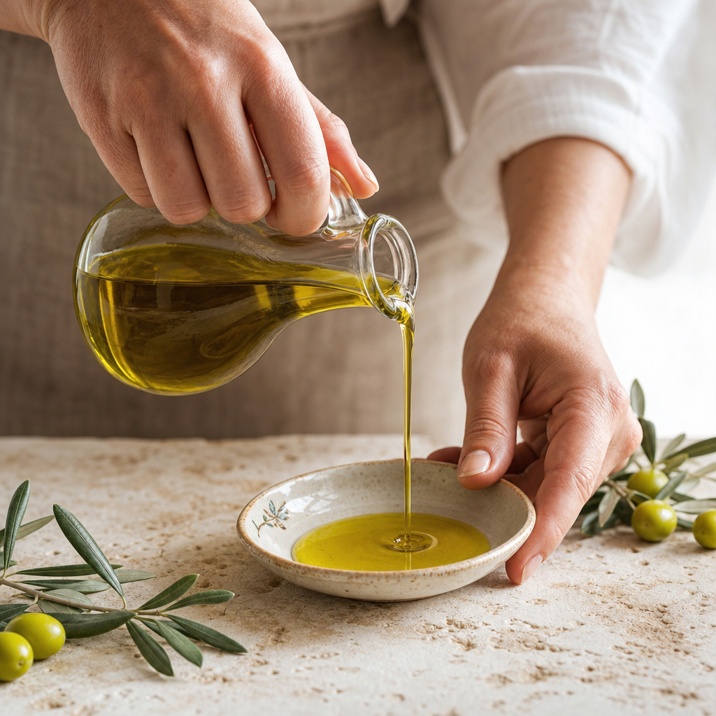 Freshly pressed olive oil poured in a stone courtyard